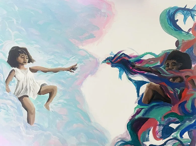A mural painting depicting a young girl in a white dress sitting on clouds on the left side, reaching out her arm, while on the right side, a figure with an afro hairstyle is surrounded by colorful, abstract swirls.