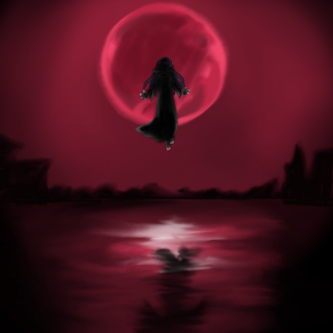 A person in a black dress floating in front of a large red moon over a body of water with a reflective surface, in a dark, eerie landscape.
