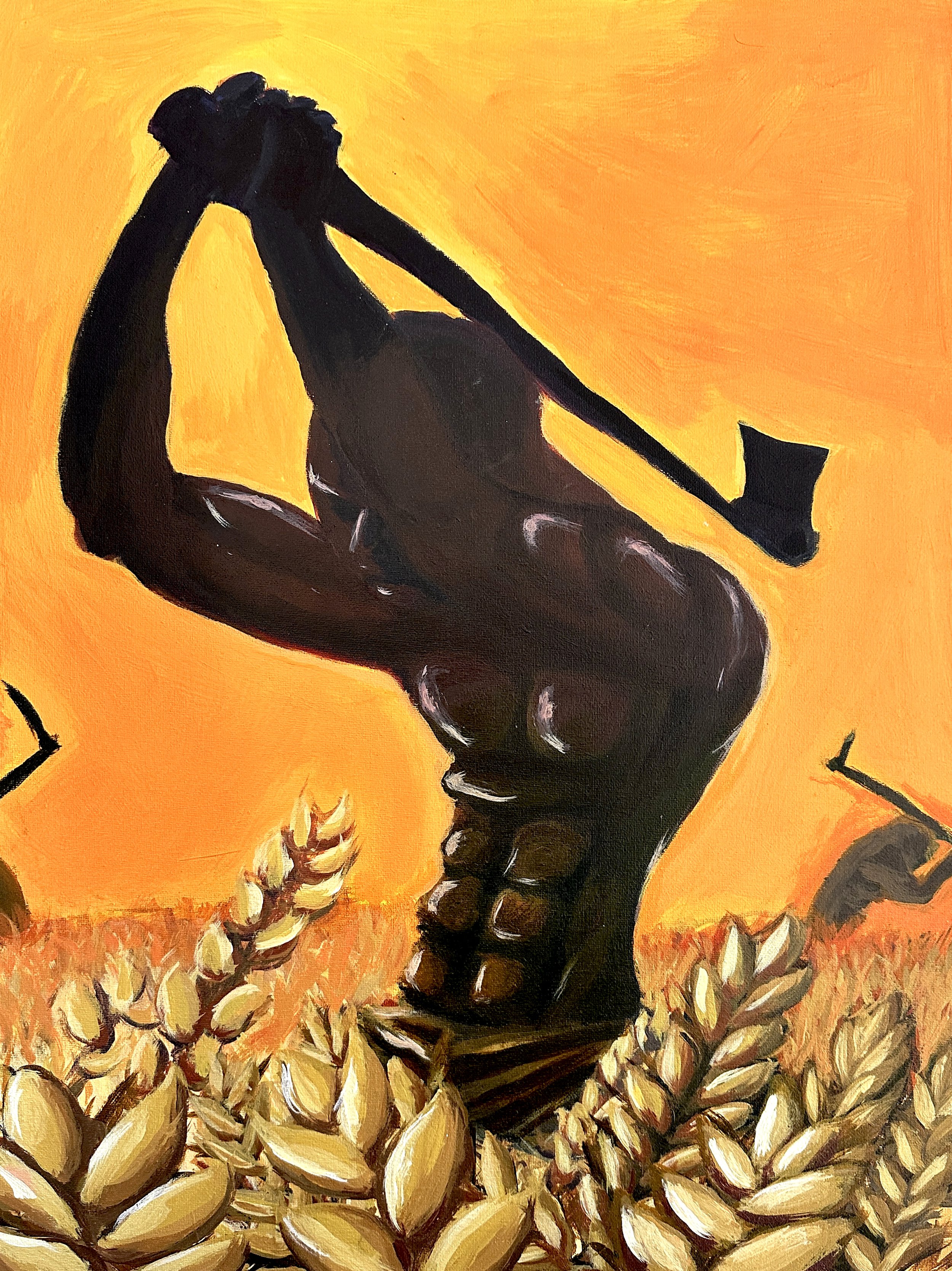 A painting of a black man with dark skin and braided hair holding a sickle doing intense labor, surrounded by wheat stalks, against a bright yellow-orange background.