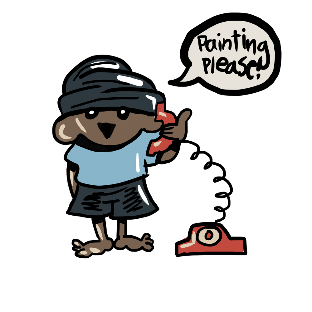 Cartoon illustration of a small character with dark skin, wearing a black beanie, light blue shirt, and black shorts, talking on a red telephone with a speech bubble that says 'Painting please!'