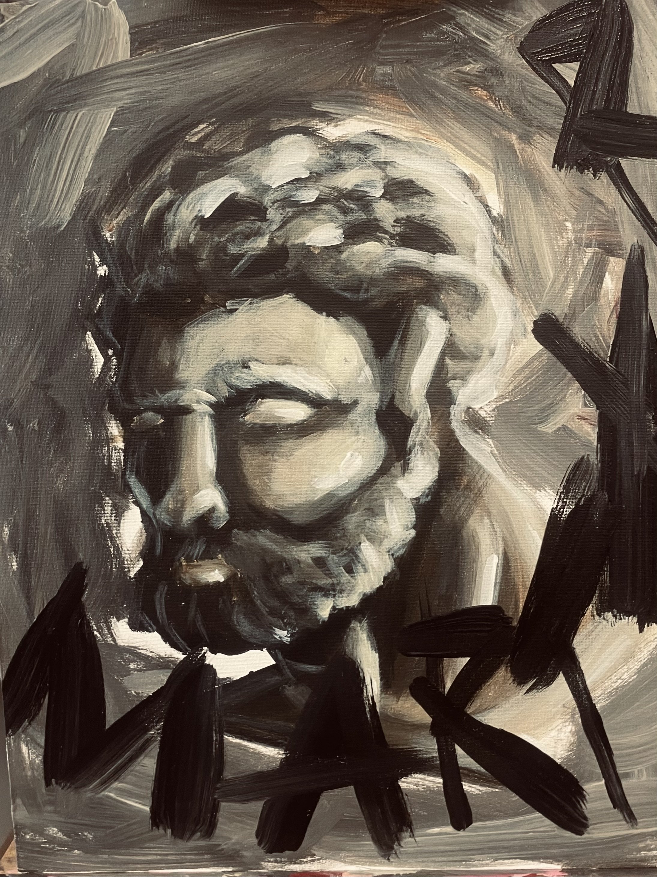 A monochrome painting of a person with curly hair, with their eyes closed and a pensive expression, painted with broad, expressive brushstrokes.