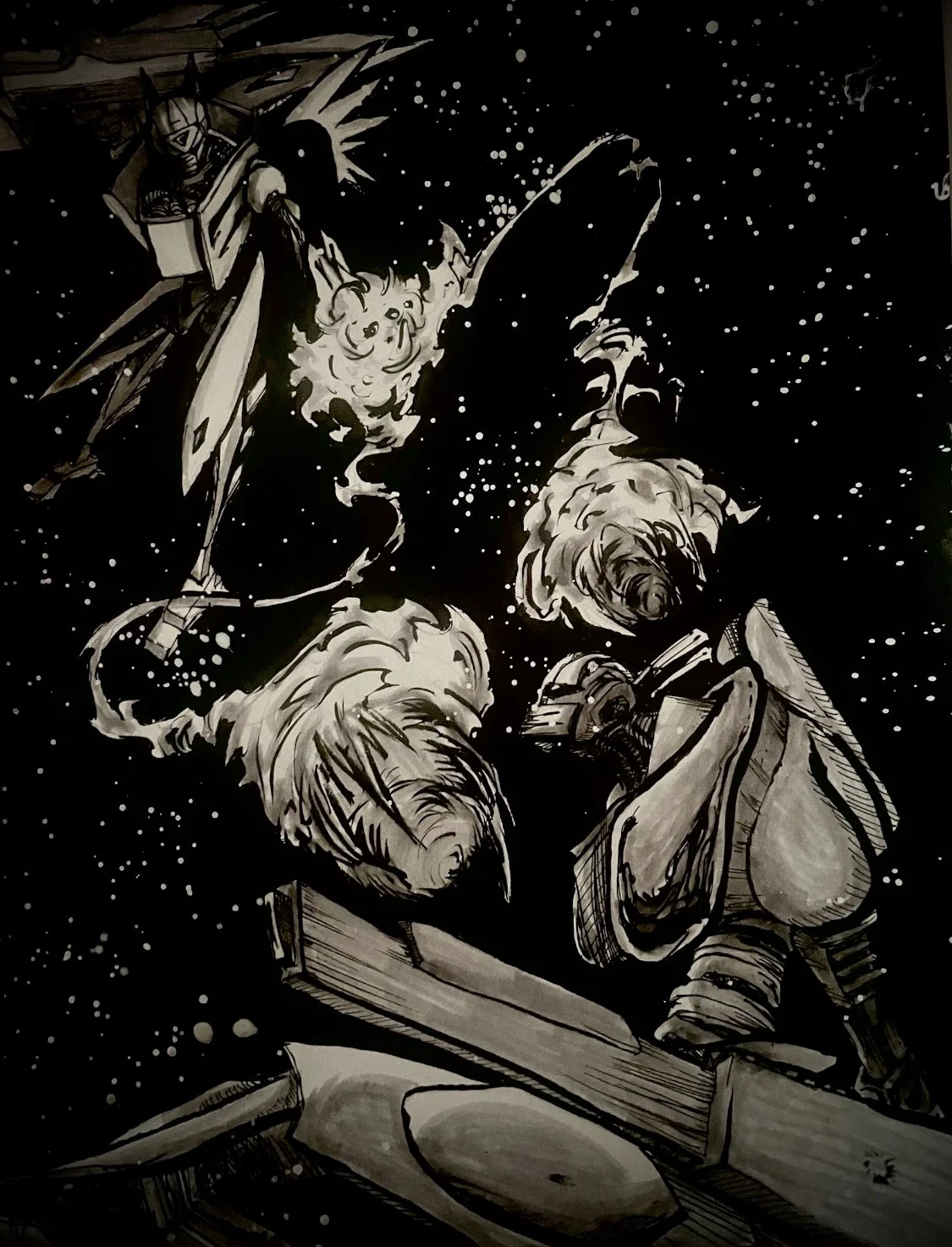 Black and white comic-style illustration of two anime style robots shown from the waist up, facing each other surrounded by stars and space debris.
