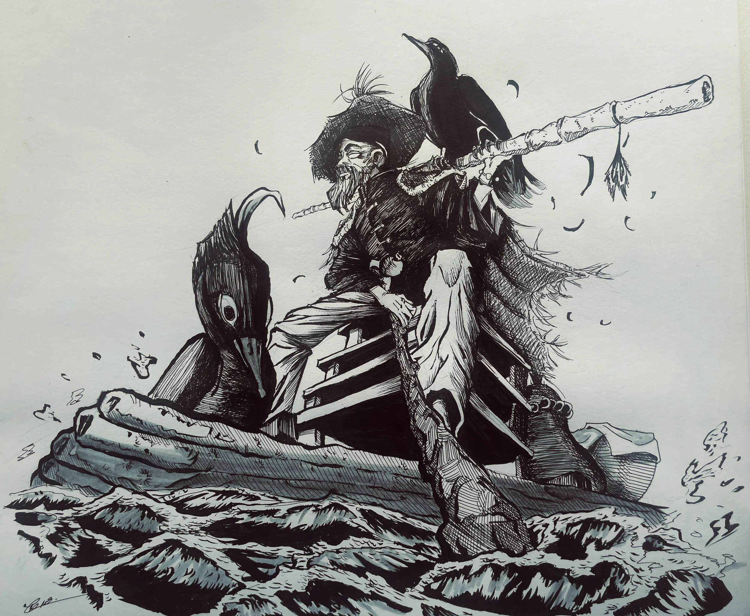 Black and white drawing of a wizard or sorcerer riding a large, majestic dragon. The wizard wears a hat, glasses, and robes, holding a staff. The scene includes a mountainous landscape with clouds and floating leaves or petals.