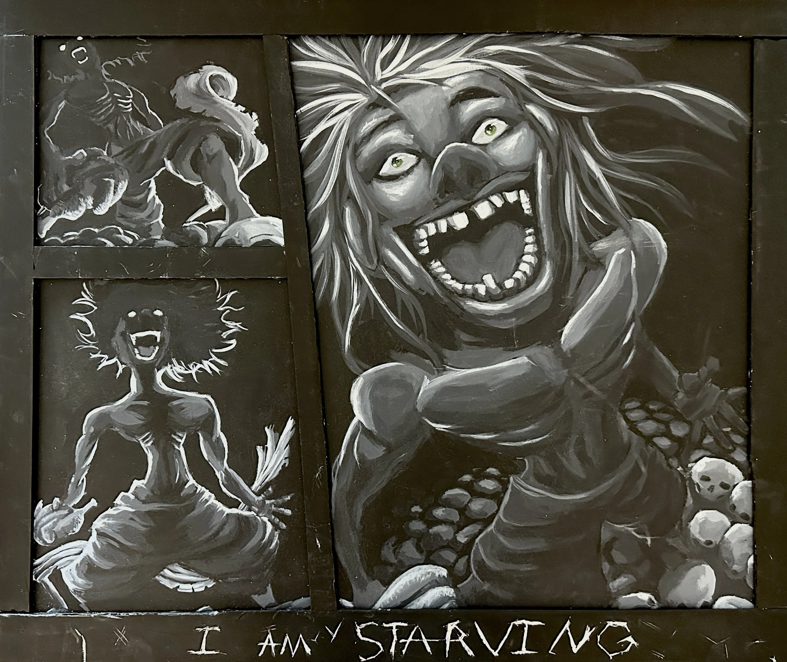 A monochrome mural of a roaring suffering man with flowing hair and a fierce expression, surrounded by skulls, holding a turkey and next to a flag with text at the bottom reading 'I AM STARVING'.
