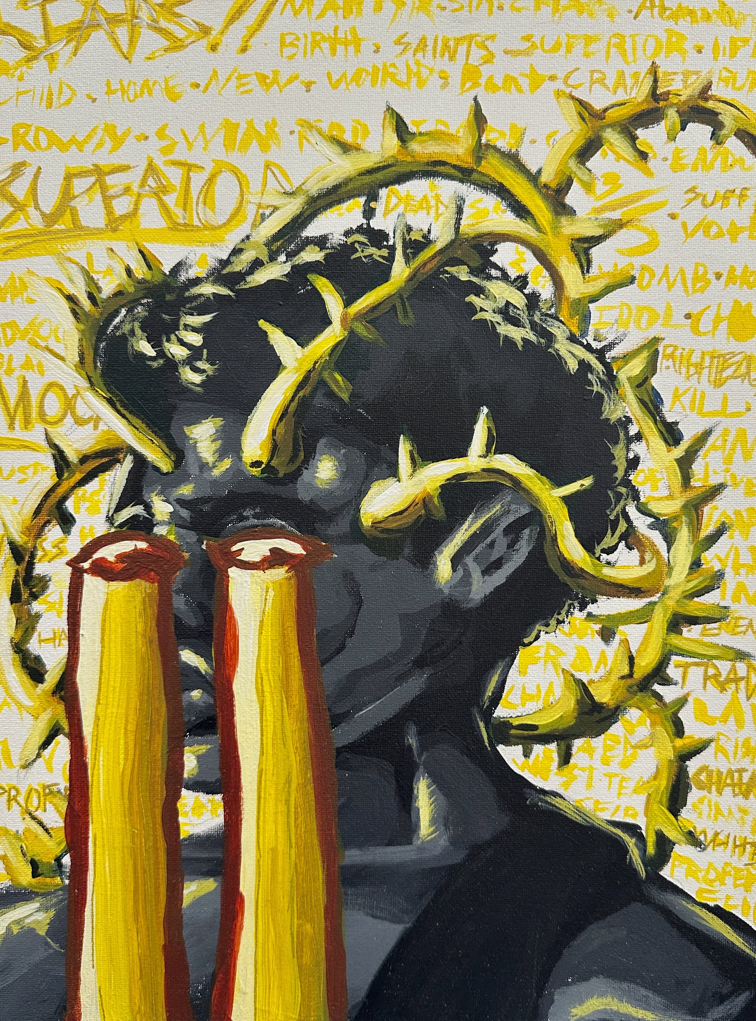 Painting of a human figure with a crown of yellow thorns and chains, with handwritten yellow text in the background and two large candles in the foreground.