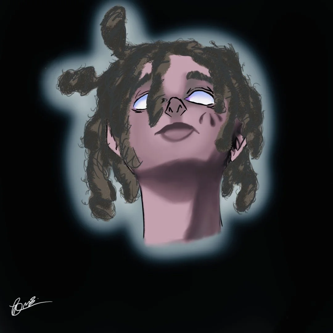 Digital illustration of a person's face with purple skin, dreadlocks, and glowing white eyes, against a dark background with a blue glow around the face.