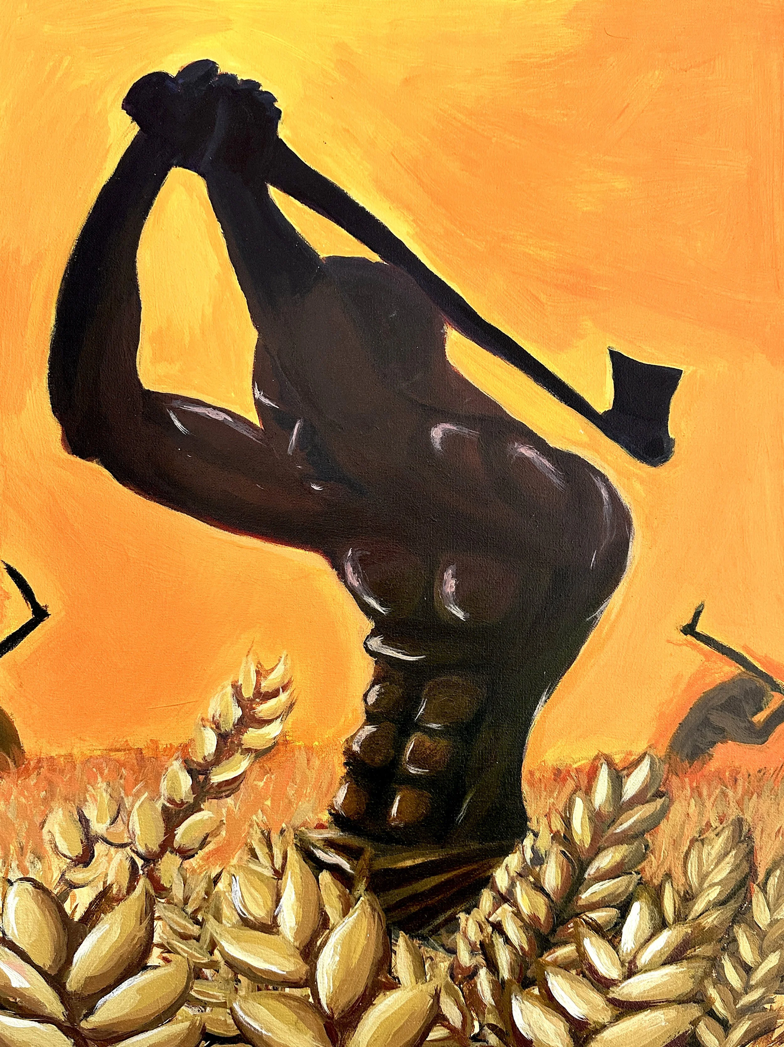 Silhouette type acrylic painting of a strong black man holding a sickle against an orange and yellow background, with wheat stalks in the foreground.