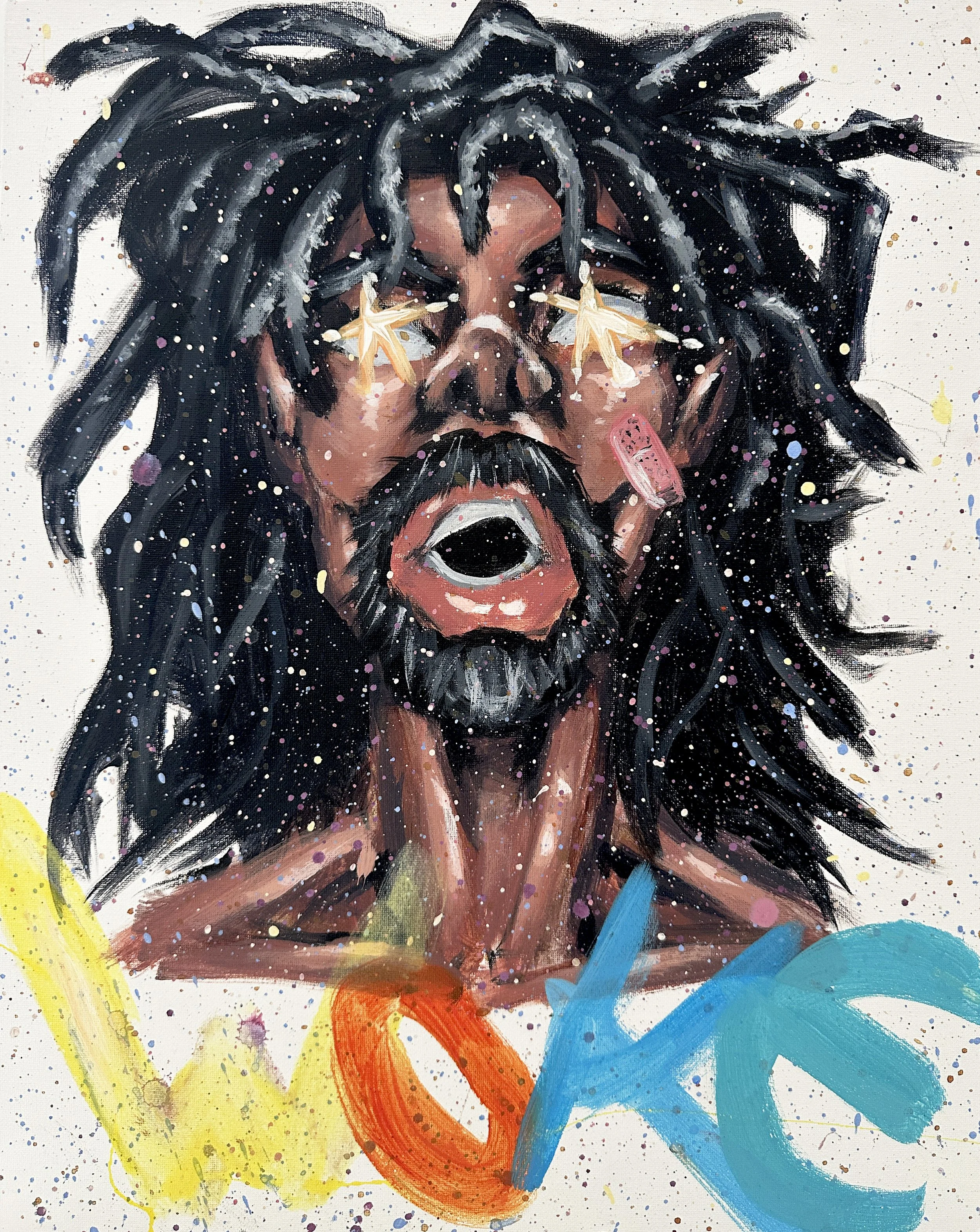 Abstract painting of a man's face with long black hair and a mustache, surrounded by colorful splashes and strokes of yellow, red, and blue paint.