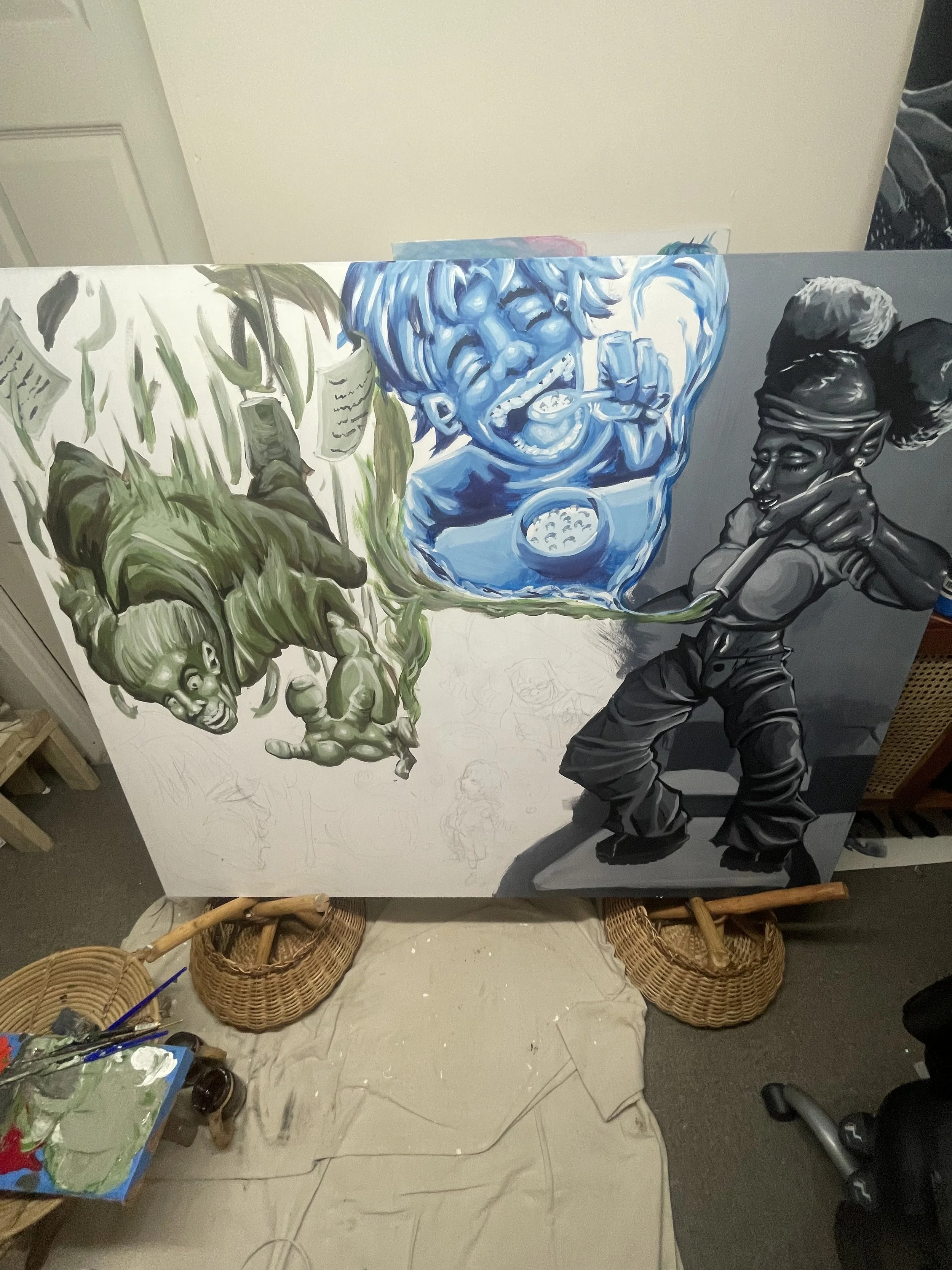Artistic painting on canvas depicting a woman with blue hair, holding a spoon and licking a bowl, alongside a woman with an elaborate hairstyle, in monochrome. The canvas is supported by wicker baskets.