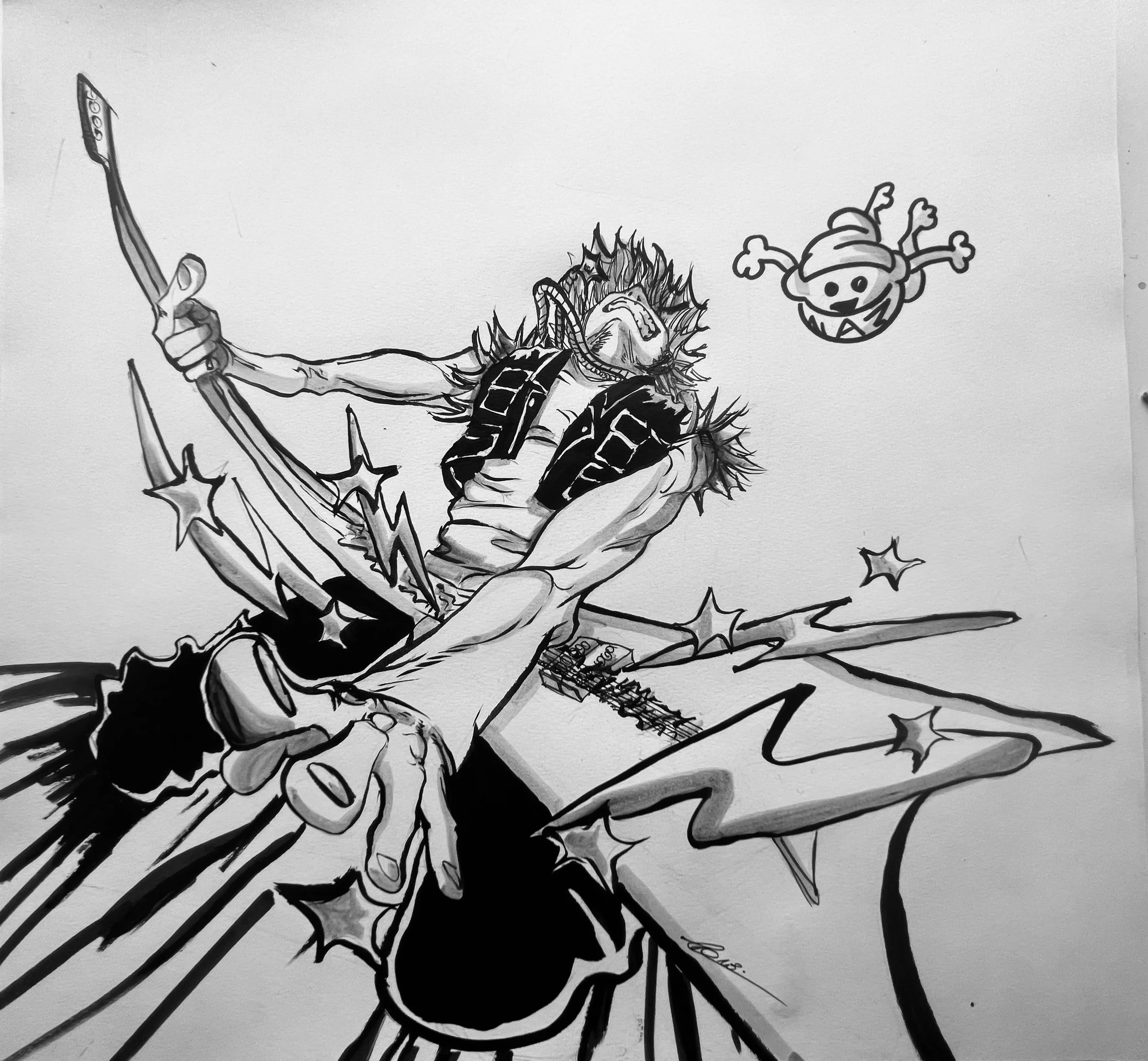 Black and white illustration of a mermaid with spiky hair, holding a bow with arrow, surrounded by stars and a smiling crab wearing a hat.