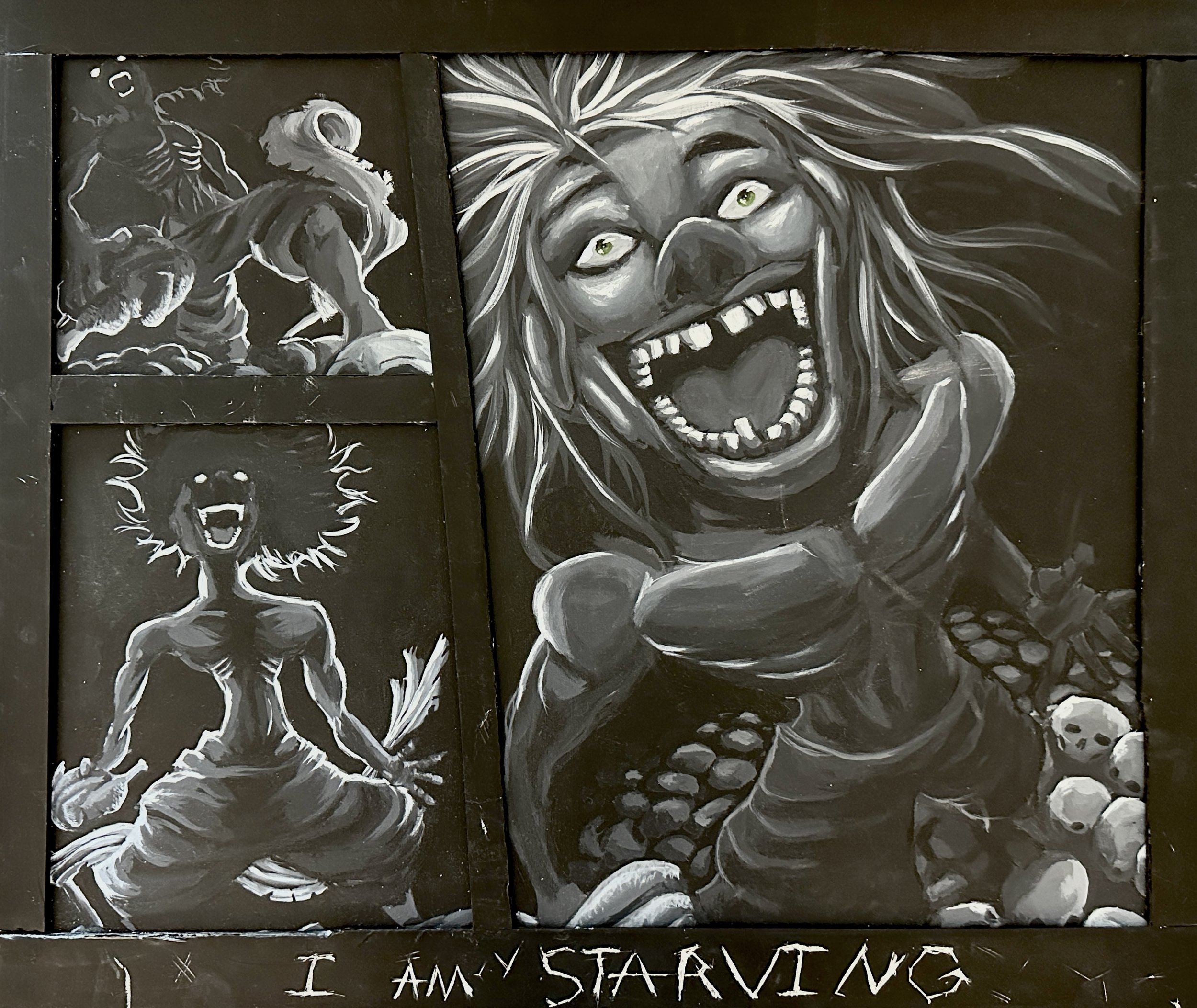 Comic book-like, paneled, handcrafted, postapocalyptic acrylic painting.