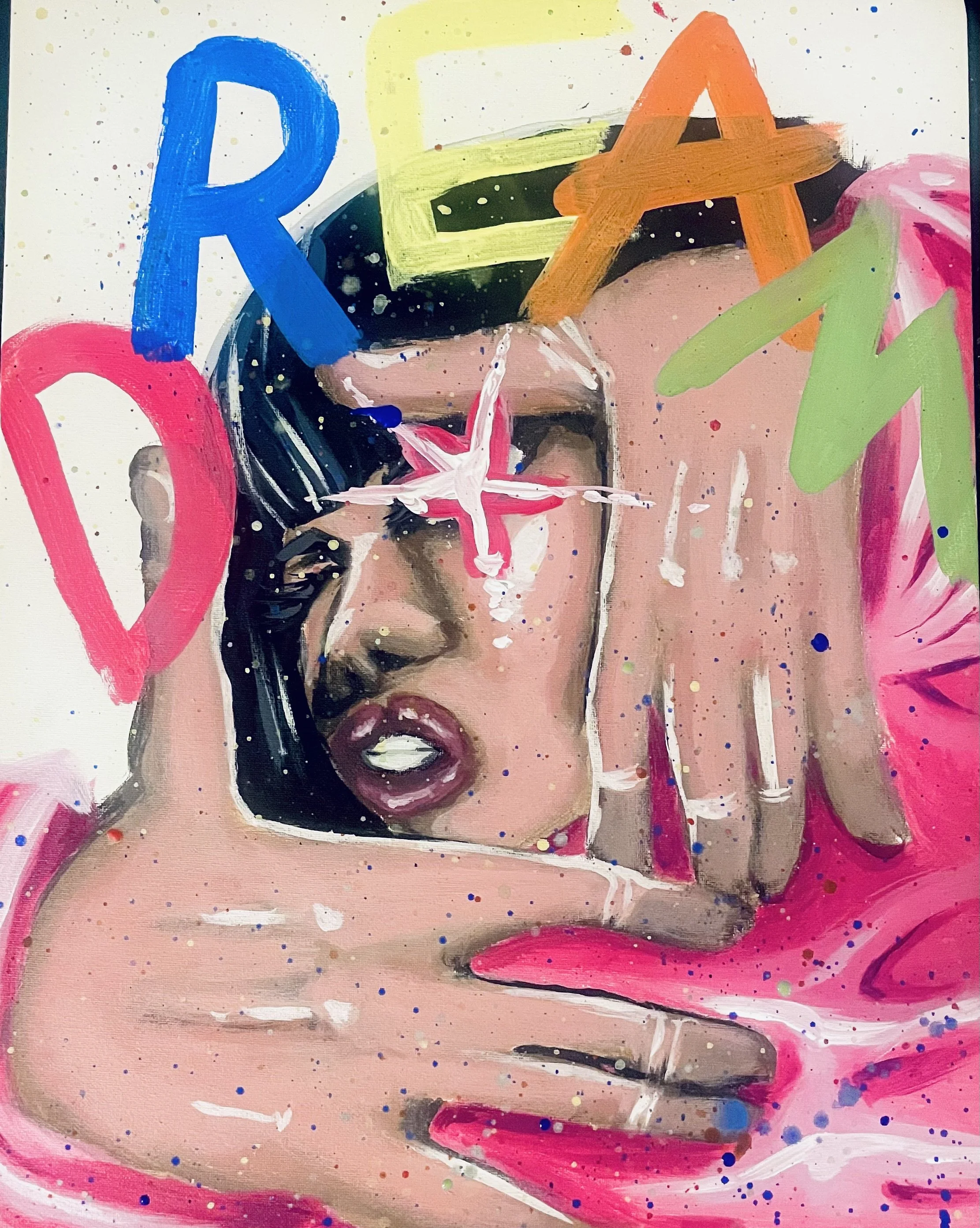 A colorful abstract painting of a woman's face wearing glasses and lipstick, with large bright-colored letters spelling 'R', 'E', 'A', and other shapes and splashes of paint around.