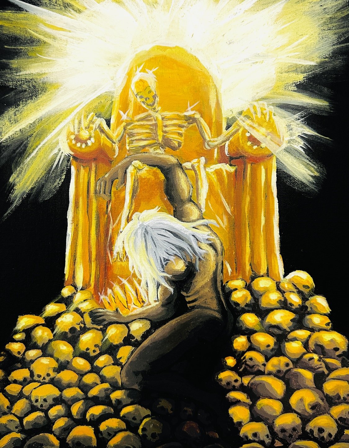 Local Acrylic painting featuring throned skeleton, and desperate figure.