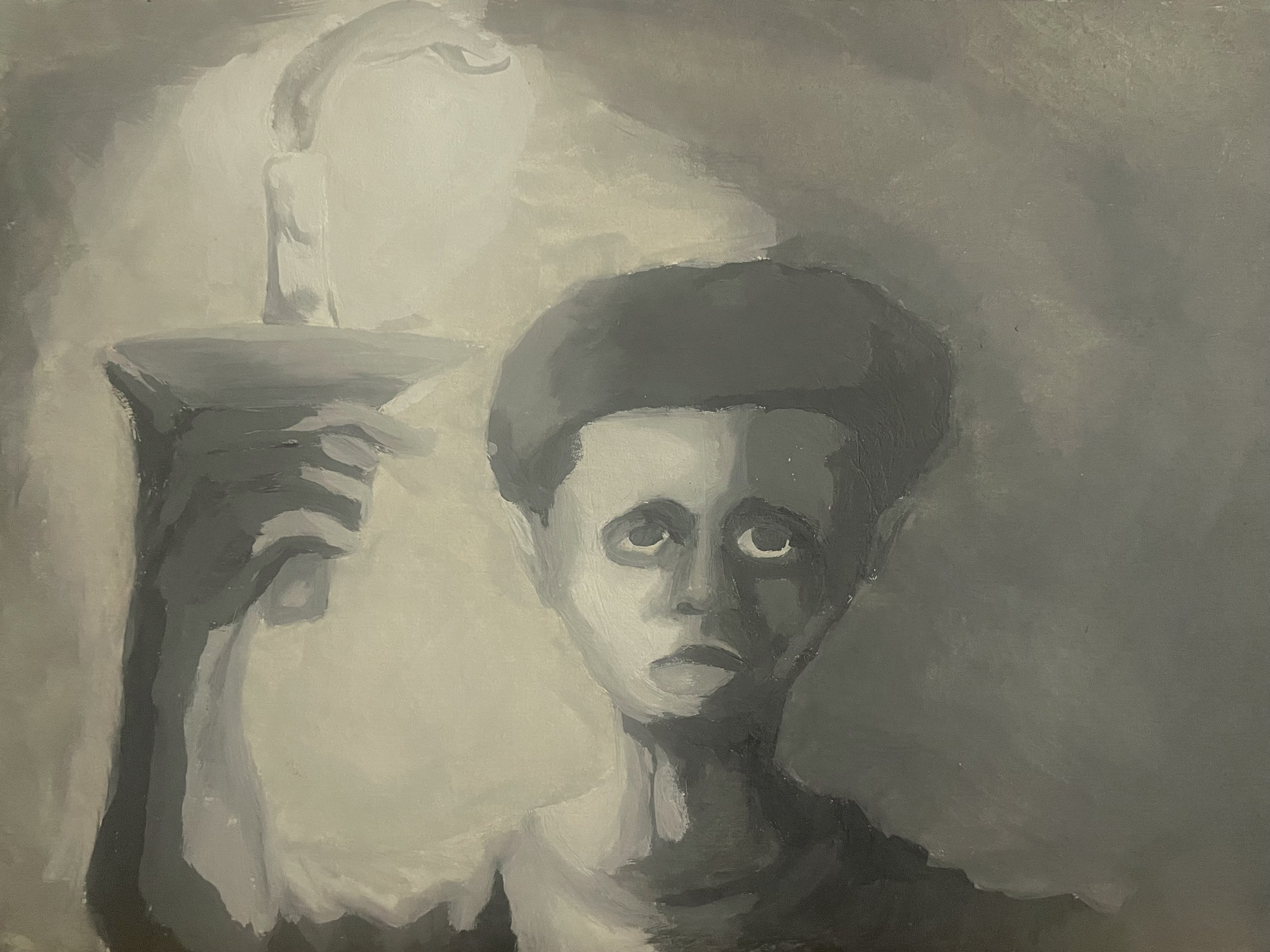 A black-and-white painting of a woman looking into a hand mirror, with a contemplative expression.