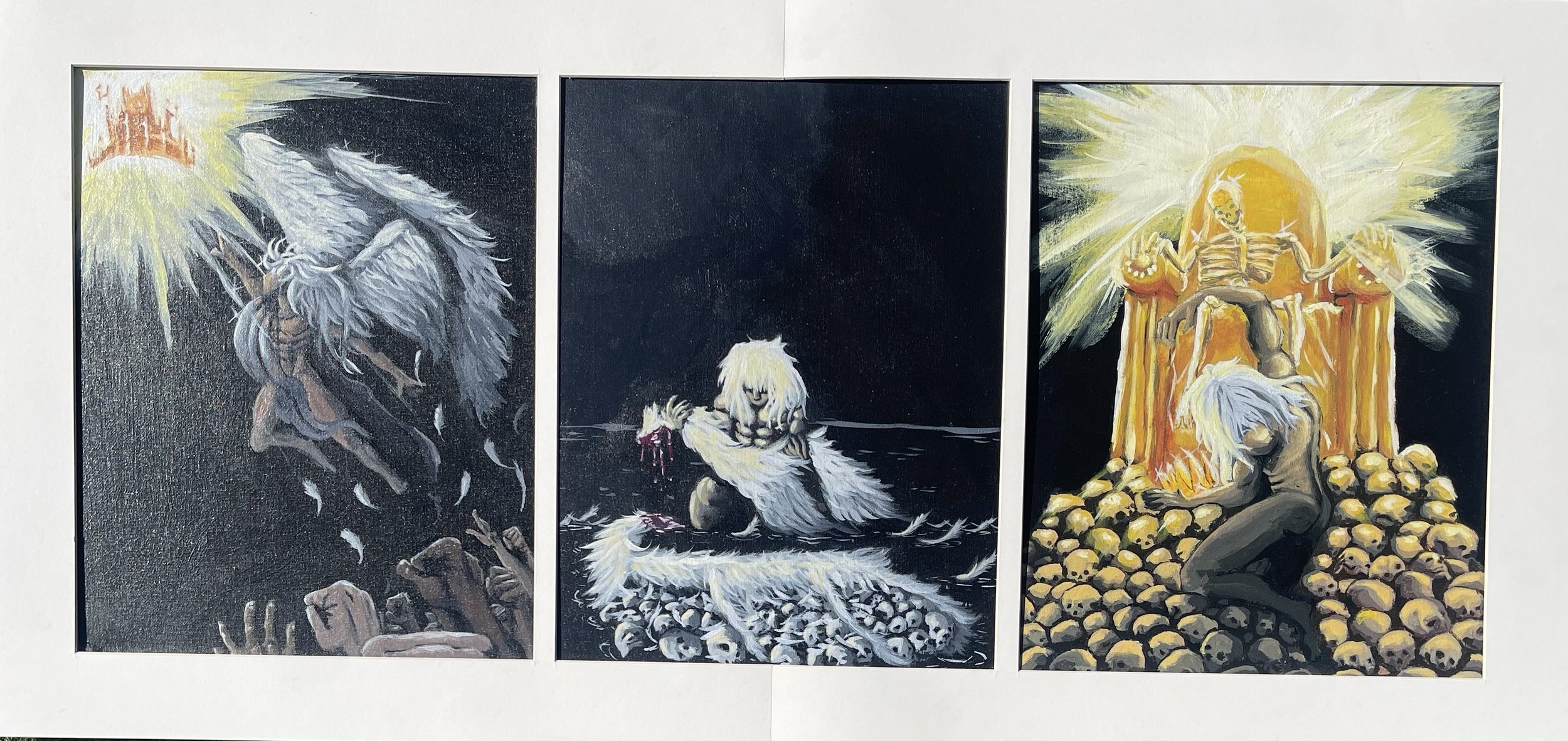 Triptych of dark fantasy art depicting mythological creatures: left panel shows a winged lion with a mane, middle panel shows a humanoid figure with long hair and a goat with a bloodstained mouth, right panel features a skeleton seated on a throne su