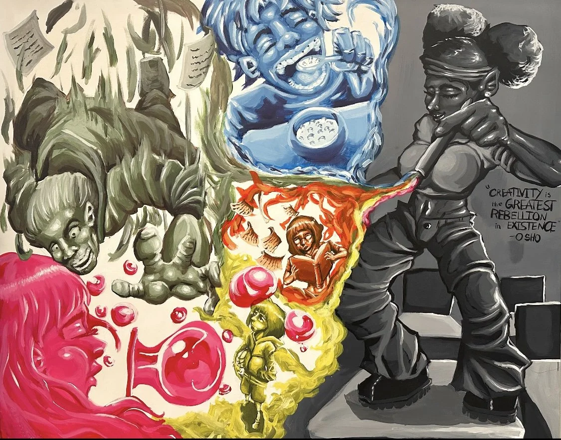 Street art mural depicting a woman with a magic paintbrush, spewing colorful images including a woman blowing bubbles a person reading, a man eating cereal, and abstract faces, with a quote by Osho about creativity.