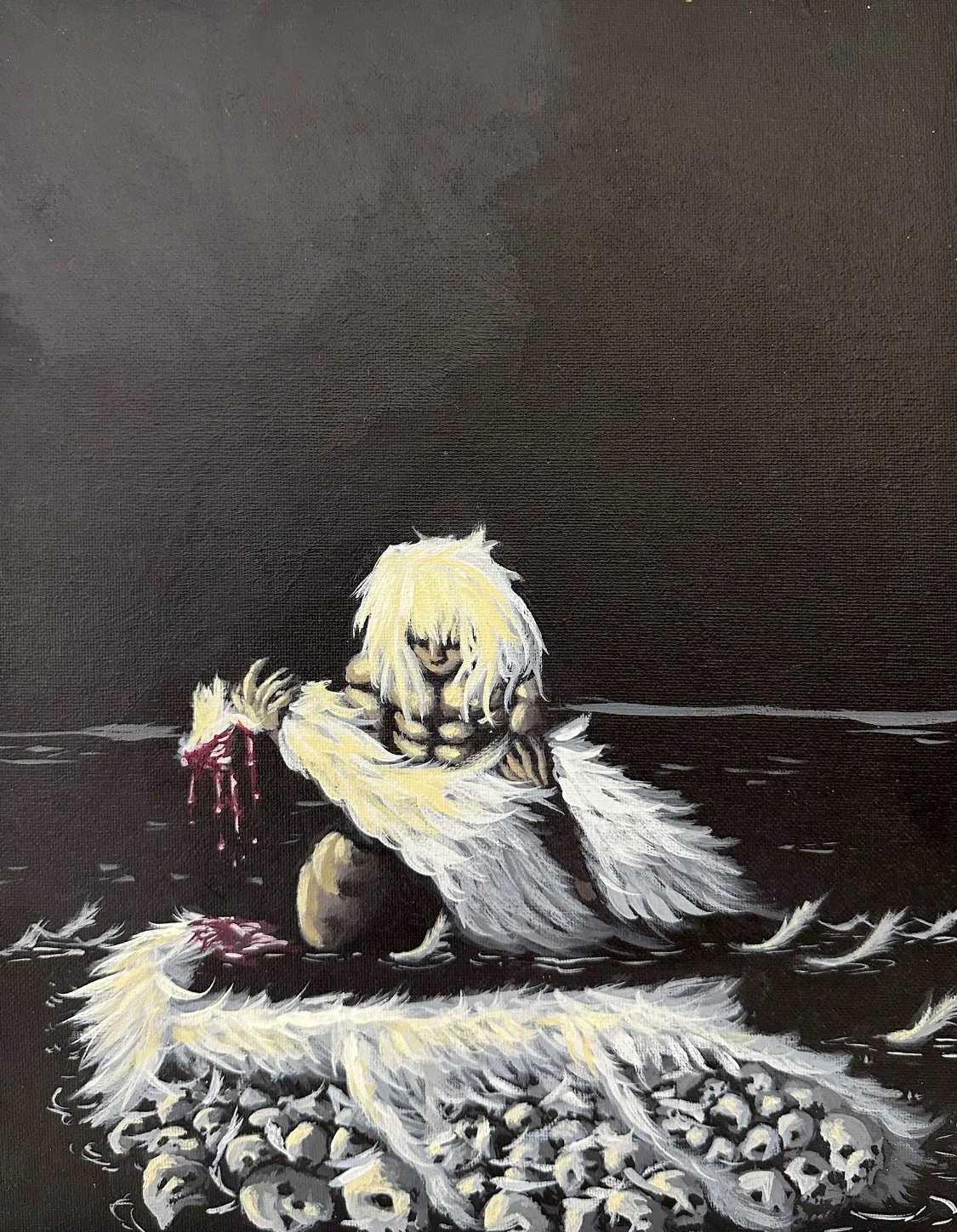 A dark painting of a young, androgynous person with long, white hair, sitting on a large, white dragon with a long body and wings, holding a bleeding, severed animal limb. The scene has a dark, moody atmosphere.