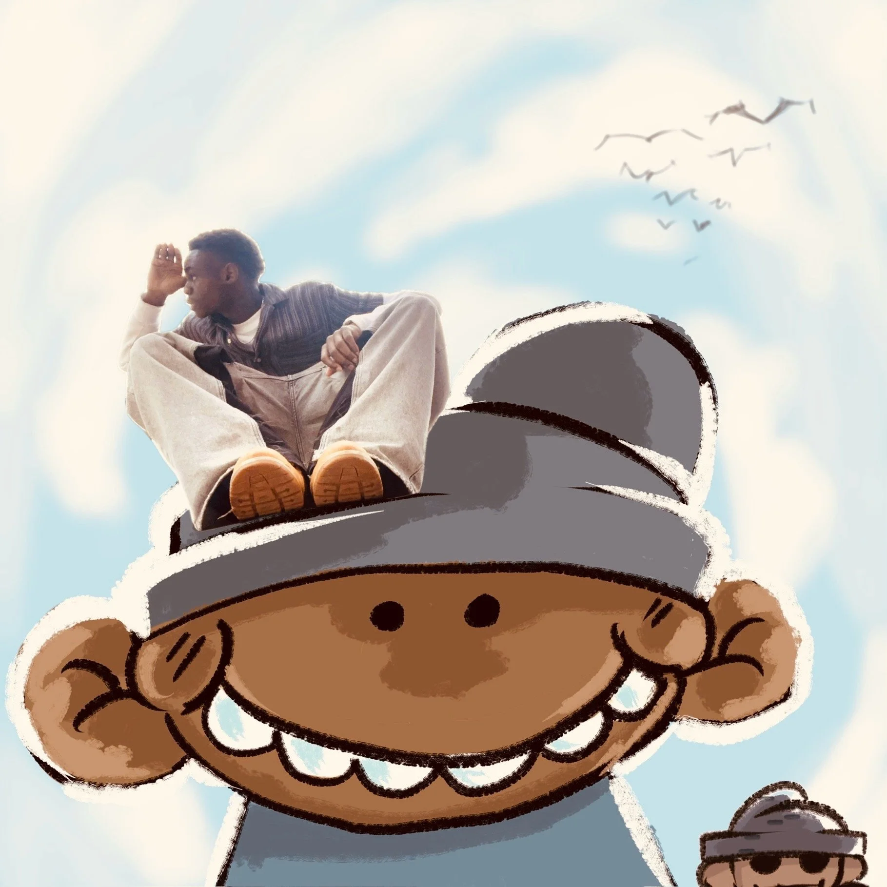 A person with short hair, wearing a striped shirt, beige pants, and brown shoes, sitting on top of a cartoon drawing of himself, looking into the distance with a hand to their ear, against a blue sky with clouds and flying birds.