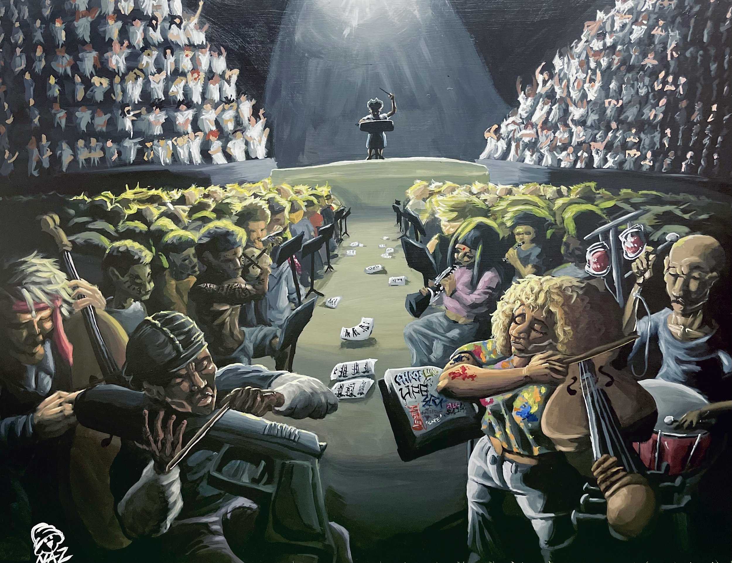 Large painting for bedroom or living spaace or wall. Acrylic painting of an orchestra. Meaningful painting.