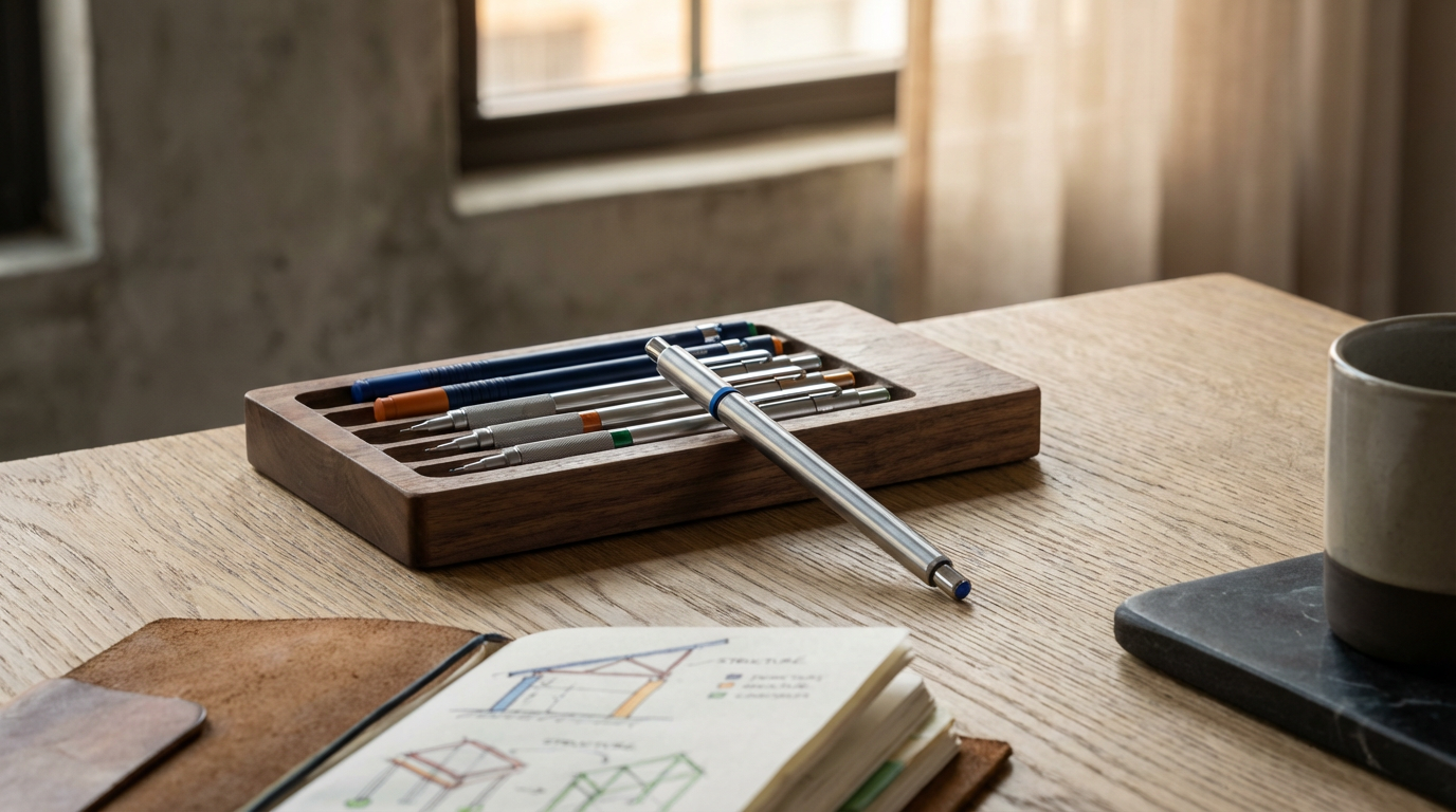 A wooden desk with a tray of colorful pens and a silver pen, an open notebook with colorful sketches, a ceramic mug, and a black stone coaster.