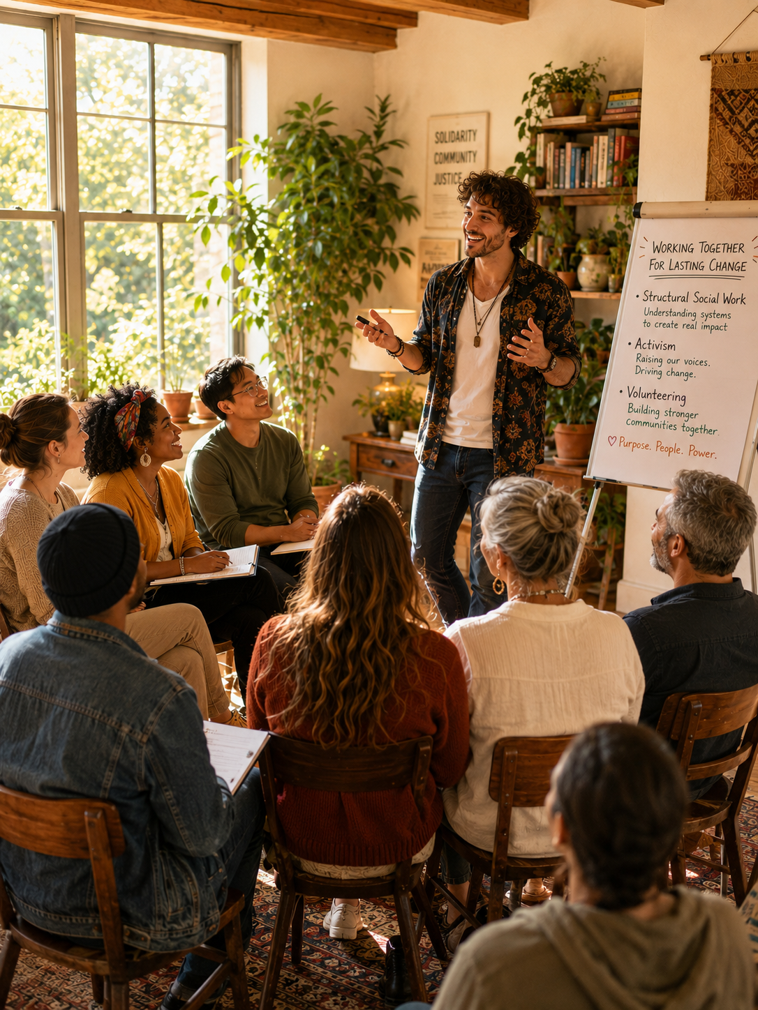 A man giving a presentation to a group of diverse people in a cozy, naturally lit room with potted plants and books. The man is smiling and gesturing, standing next to a whiteboard with notes about community work.
