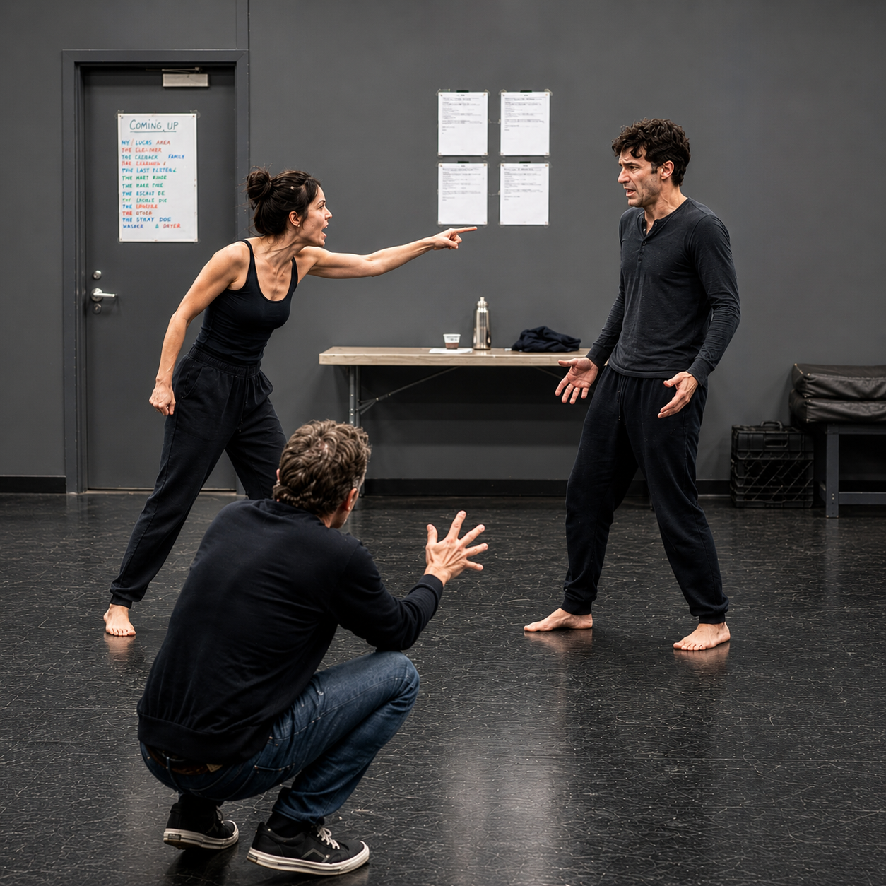 Three actors rehearsing a scene in a black box theater, with a gray wall, a table, and four scripts on the wall in the background. One woman is pointing and yelling at a man, who looks distressed, while a man crouches in the foreground, gesturing with his hands.