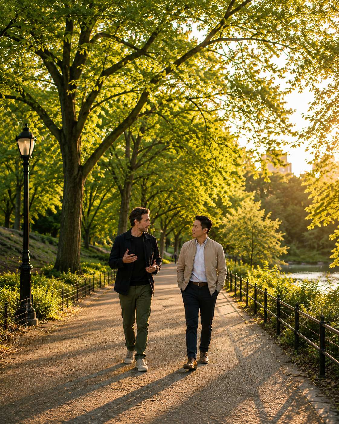 Two men walking and talking along a park path lined with trees and a fence, with sunlight filtering through the leaves, near a body of water.