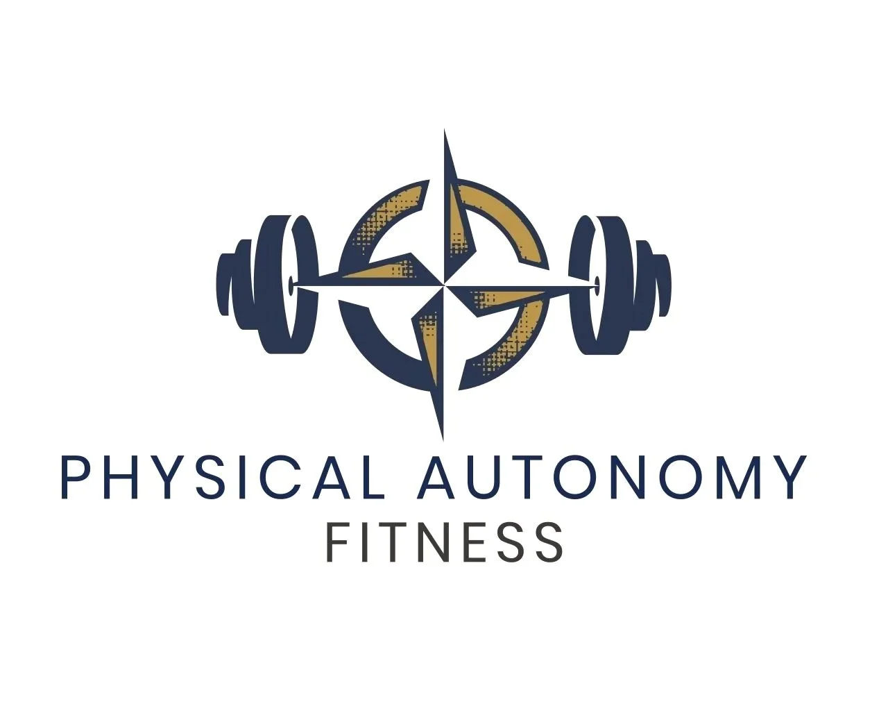 Logo for Physical Autonomy Fitness featuring a stylized compass rose combined with a barbell