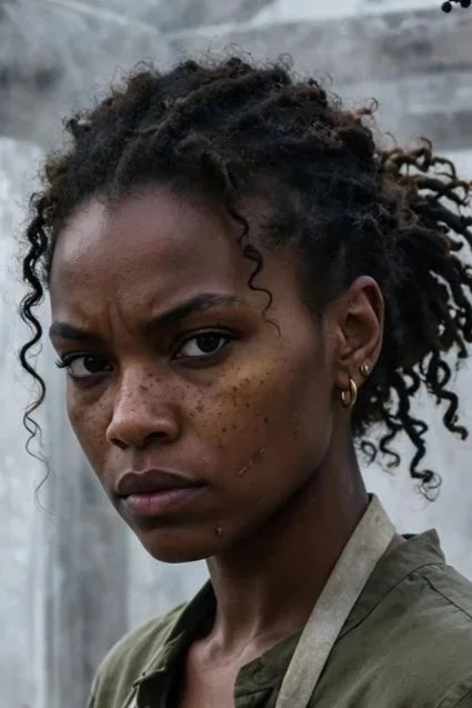 A woman with dark, curly hair, a serious expression, and some freckles, wearing a green shirt and earrings, standing outdoors in front of a weathered wooden background.