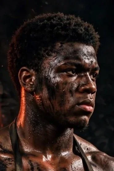 A young man with an intense expression, appears to be sweaty and dirty, with short curly hair, and a dark background.