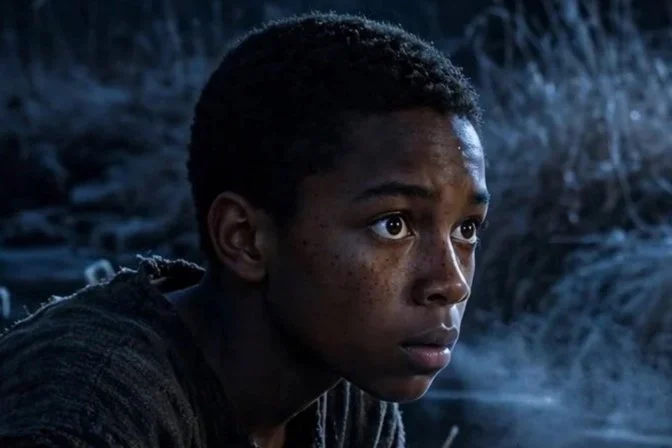 A close-up of a young boy with dark curly hair and freckles, looking intently to his left, outside in a natural setting at dusk or dawn.