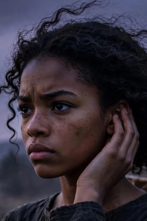 Close-up of a young woman with curly hair, holding her ear, looking serious, with dirt on her face.