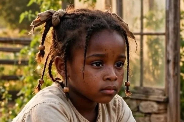 Young girl with braided hair and beads, sitting outdoors near a wooden fence.