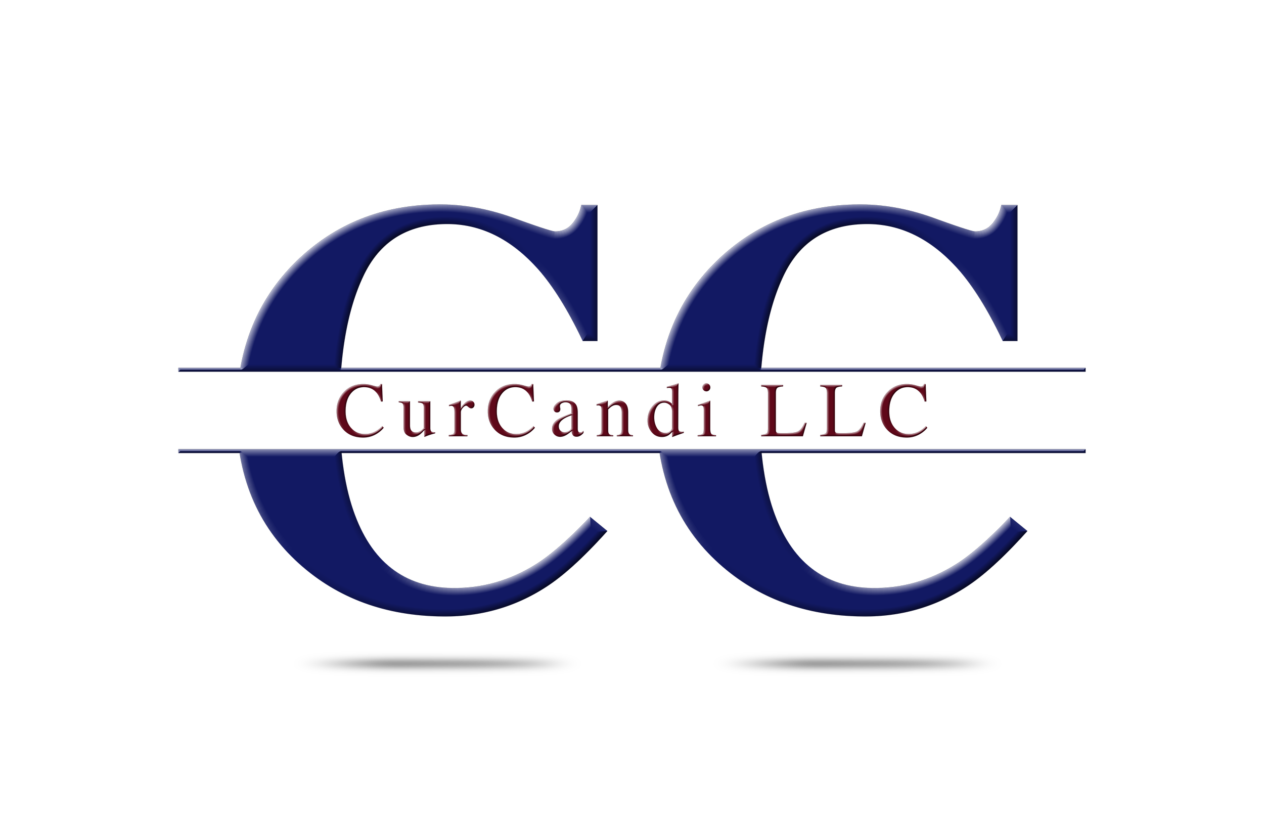 Logo of CurCandi LLC, featuring stylized blue double c's intertwined with red text underneath that says 'CurCandi LLC'.