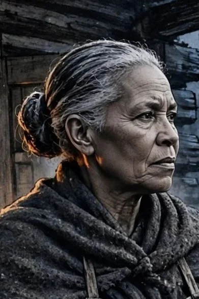 Profile of an elderly woman with gray hair pulled back, wearing a dark shawl, inside a rustic wooden structure.