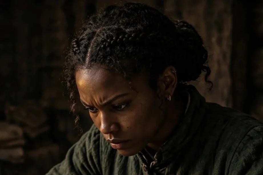 A woman with braided hair looks down with a concerned or intense expression.