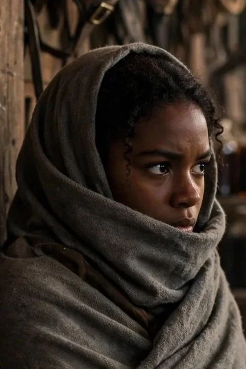A woman with dark skin, curly hair, and intense eyes, wrapped in a gray scarf, looking serious or concerned in a rustic setting.