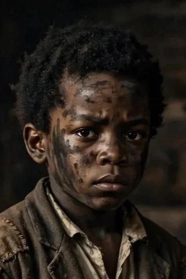 Young boy with dirt and scars on his face, wearing a worn jacket and shirt, with serious expression.