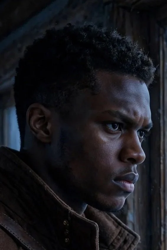 Close-up of a man with short curly hair, looking pensively to the right, wearing a brown jacket inside a rustic wooden building.