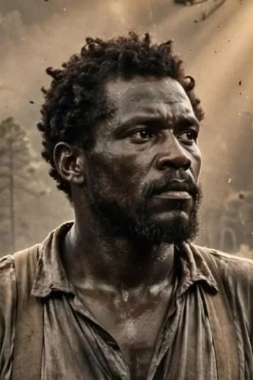 A rugged man with a serious expression, dark curly hair, and a beard, wearing a distressed shirt, surrounded by dust or smoke.