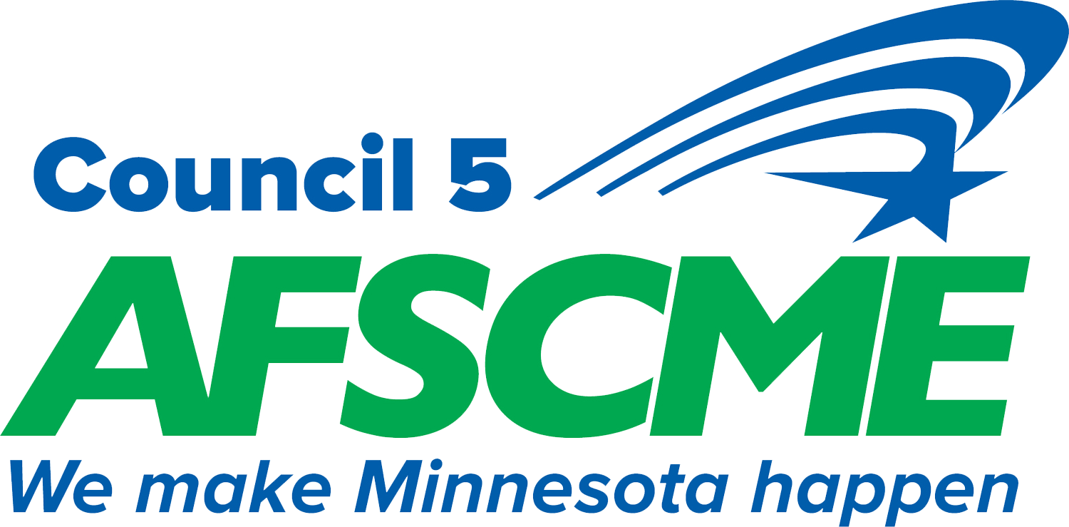 Logo of Council 5 AFSCME with a star and swoosh graphic, and the slogan 'We make Minnesota happen'.