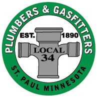 "Plumbers & Gasfitters St. Paul Minnesota Local 34" official seal, featuring a pipe in the center with "EST. 1890"