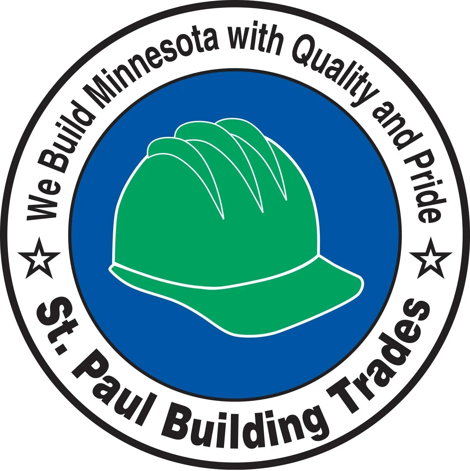 An official seal with a green hard hat in the center, surrounded by a blue circle and a white border that reads 'We Build Minnesota with Quality and Pride' and 'Ste. P. Architects'.