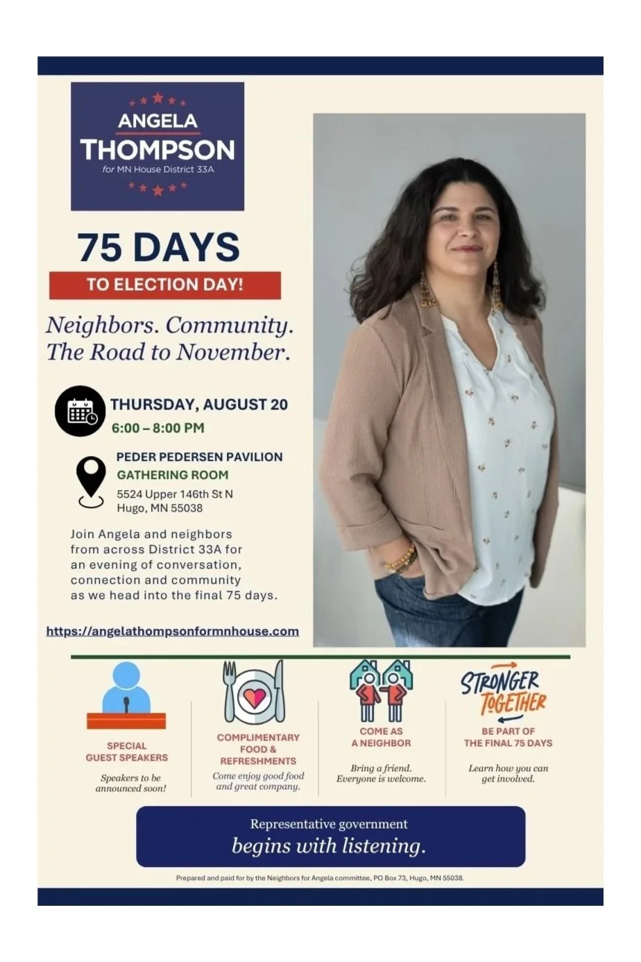Poster for Angela Thompson's 75 Days to Election Day event