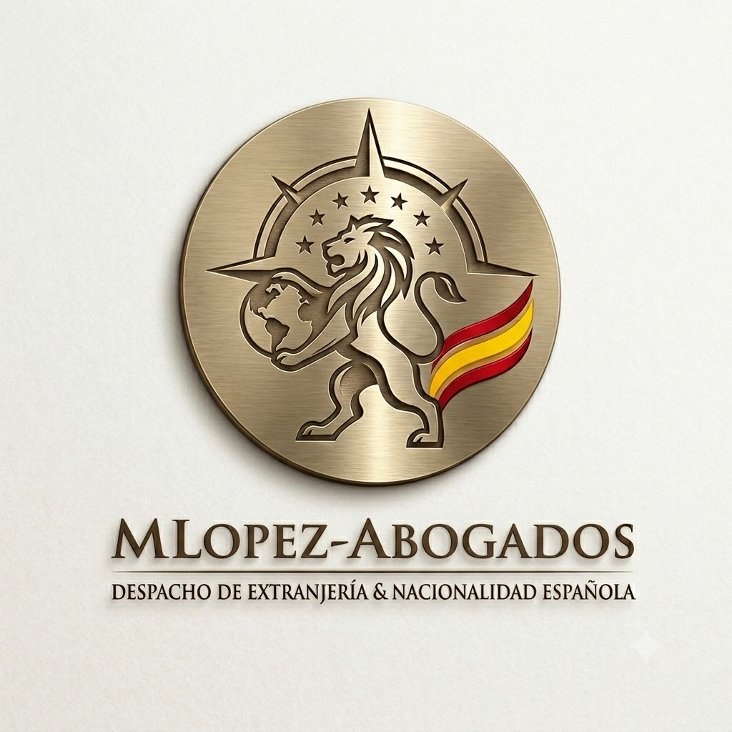 Logotipo dorado de MLOPEZ-ABOGADOS con un león estilizado sosteniendo un globo y una nave espacial, con una estrella y líneas que parecen un compás. Texto en la parte inferior que dice "MLOPEZ-ABOGADOS, DESPACHO DE EXTRANJERÍA & NACIONALIDAD ESPAÑOLA".