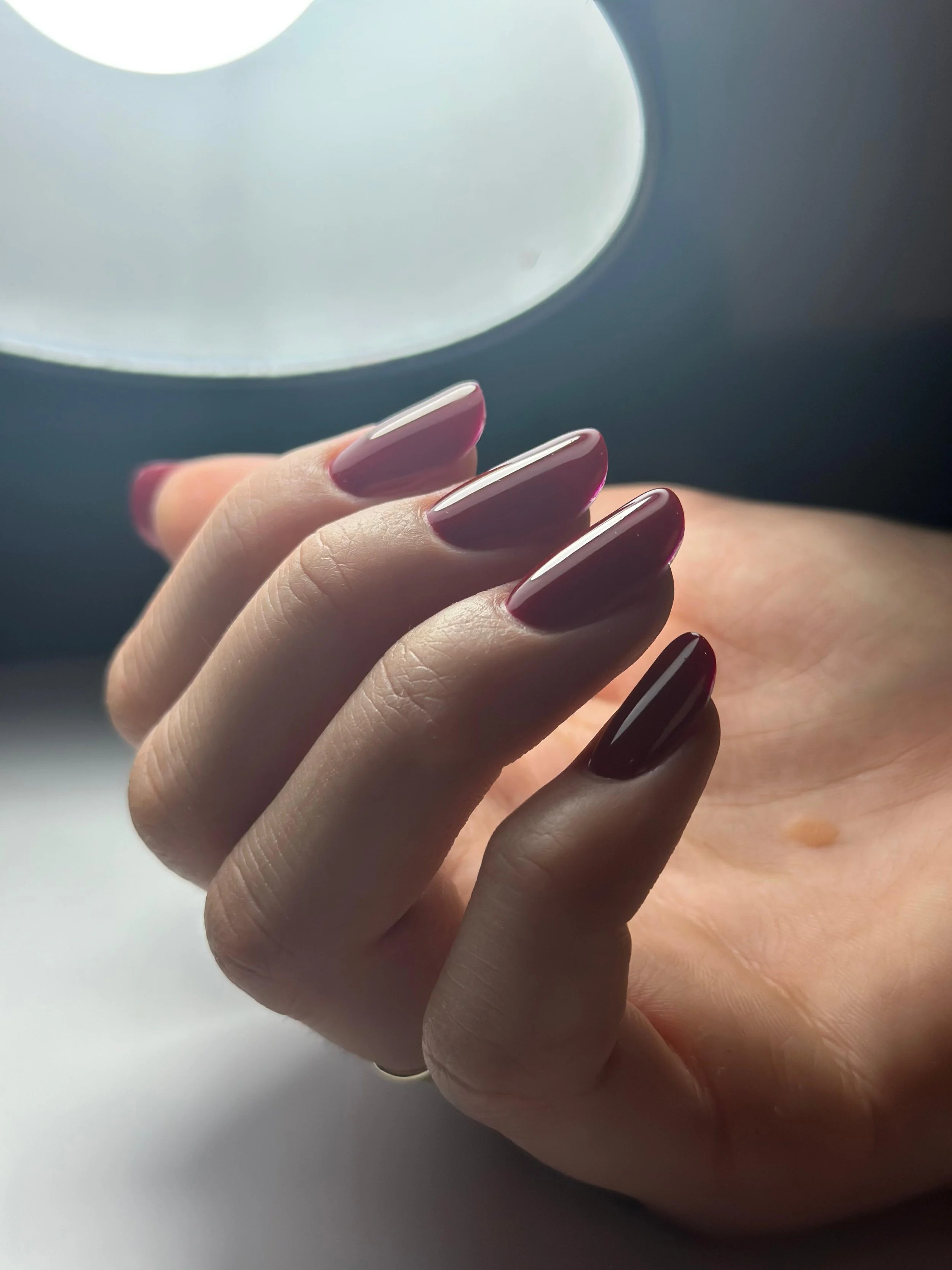 Una mano con unghie di colore bordeaux e smalto lucido, ripresa da vicino contro una superficie bianca, con una luce intensa sopra.
