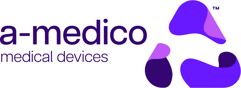Logo for a-medico medical devices with purple abstract shapes.