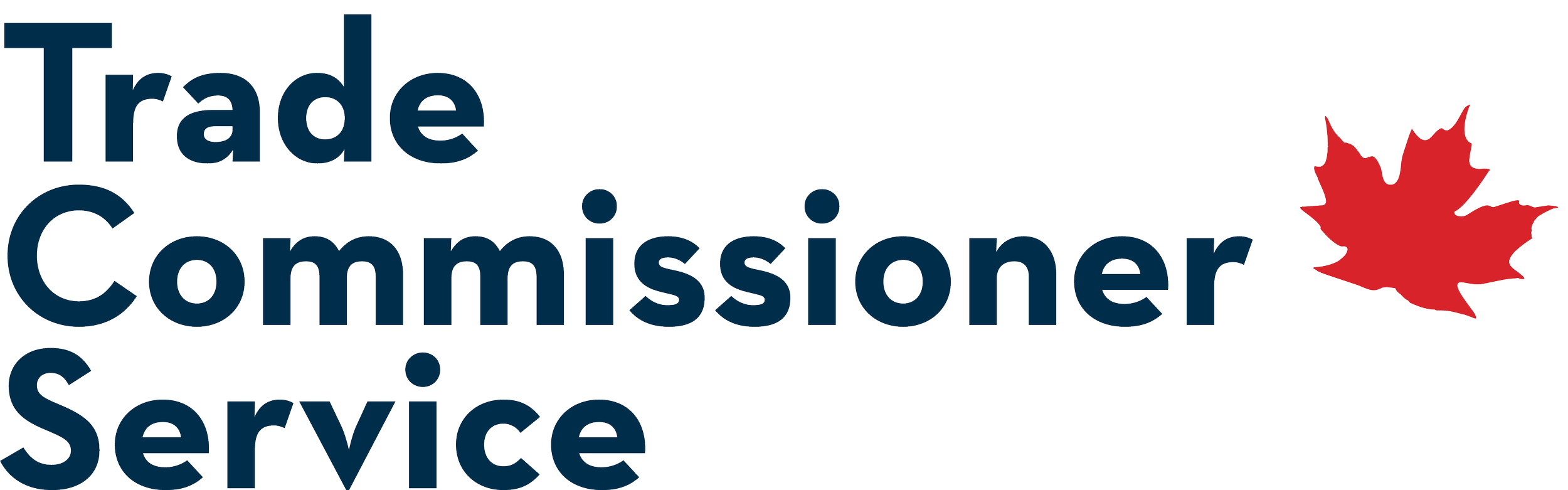 Logo for Trade Commissioner Service with dark blue text and a red maple leaf.