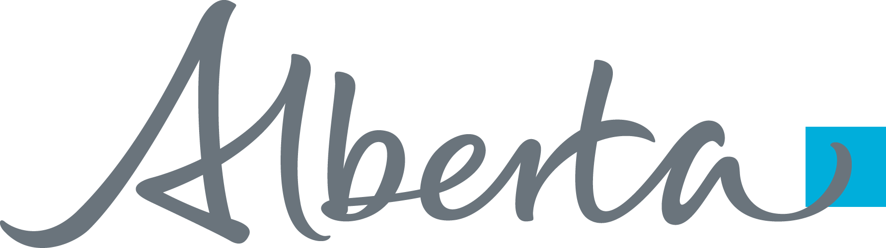 Alberta logo with stylized text and blue square.