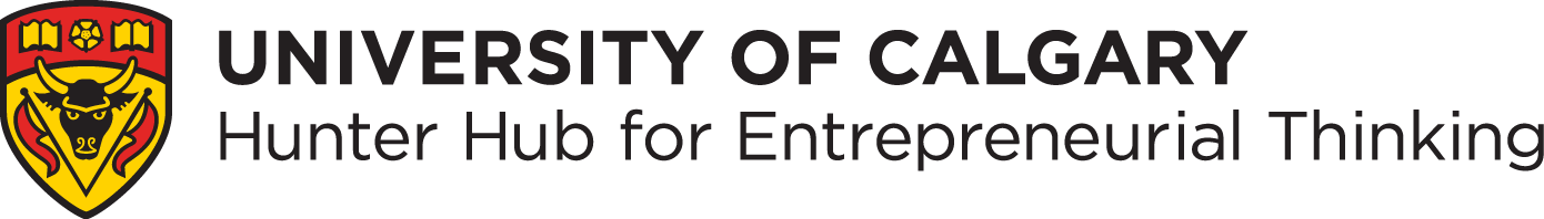 The logo of the University of Calgary featuring a bull's head within a shield, with the text "University of Calgary Hunter Hub for Entrepreneurial Thinking."